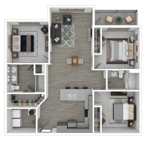 Floor Plan  A floor plan of a house with a kitchen, living room, dining room, and two bedrooms.