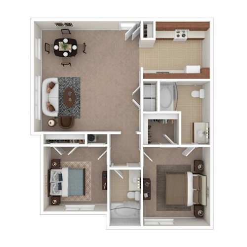Floor Plan  A floor plan of a small apartment with a kitchen, living room, and two bedrooms.