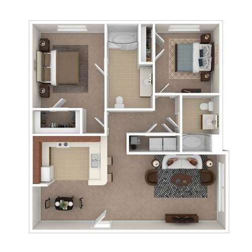 Floor Plan  A floor plan of a house with a kitchen, living room, dining room, and bathroom.