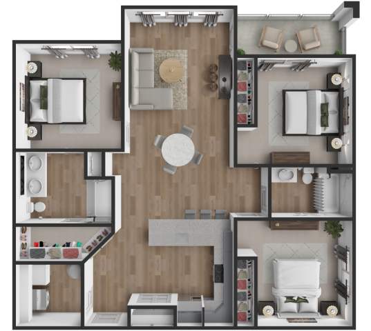 Floor Plan  A 3D floor plan of a house with a kitchen, living room, dining room, and bathroom.