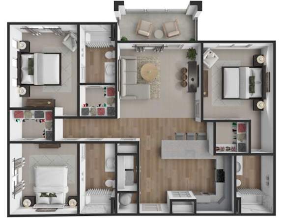 Floor Plan  A top-down view of a modern apartment layout with a kitchen, living room, and bathroom.