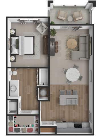 Floor Plan  A top-down view of a small apartment with a kitchen, living room, and bedroom.