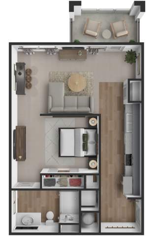 Floor Plan  A top-down view of a small apartment layout with a kitchen, living room, and bedroom.