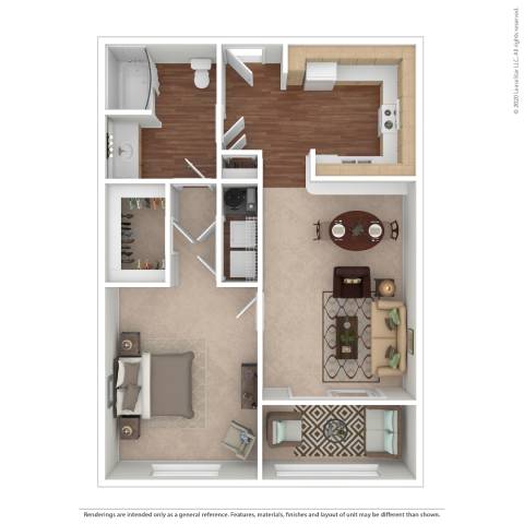 Floor Plan  A floor plan of a house with a kitchen, living room, dining room, and bathroom.