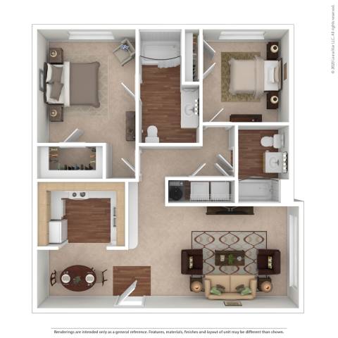 Floor Plan  A floor plan of a house with a kitchen, living room, dining room, and two bedrooms.