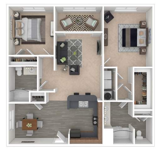 Floor Plan  A 3D floor plan of a house showing a kitchen, living room, and two bedrooms.