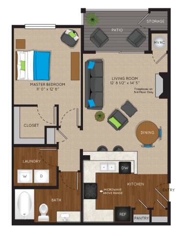 Floor Plan  A floor plan of a small apartment with a living room, kitchen, and bathroom.