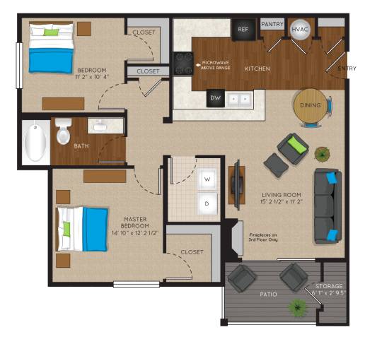Floor Plan  A floor plan of a house with a living room, kitchen, two bedrooms, a bathroom, and a pantry.