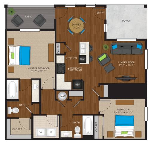 Floor Plan  A floor plan of a house with a master bedroom, two bathrooms, a kitchen, a living room, and a dining area.