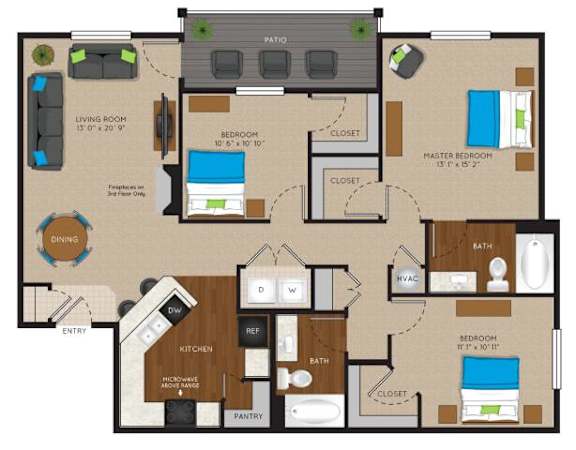Floor Plan  A floor plan of a house with a living room, kitchen, dining area, pantry, two bedrooms, a bathroom, and a patio.