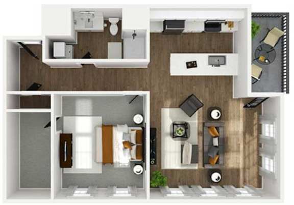 Floor Plan  A floor plan of a house with a kitchen, living room, and two bedrooms.