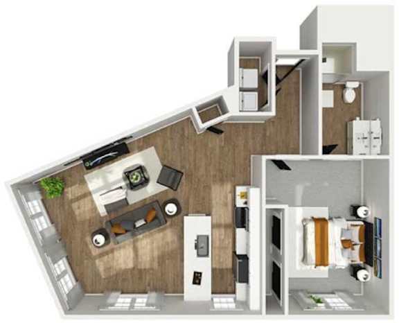 Floor Plan  A 3D floor plan of a modern apartment with a kitchen, living room, and bedrooms.
