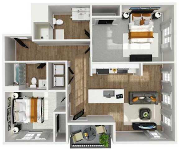 Floor Plan  A 3D floor plan of a small apartment with a kitchen, living room, and bedroom.