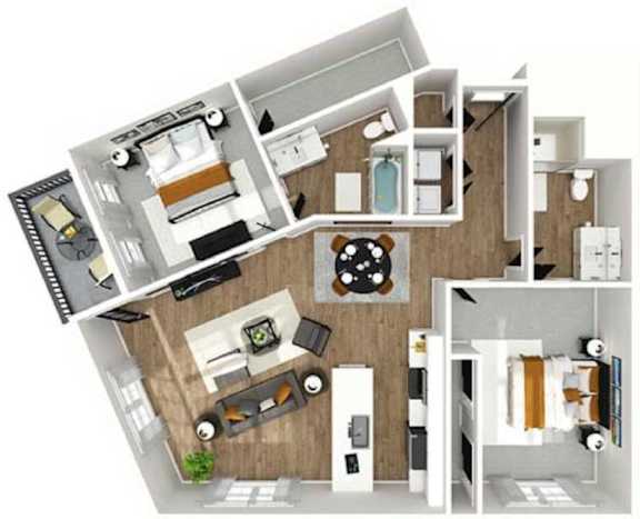 Floor Plan  A 3D floor plan of a house with a kitchen, living room, and bathroom.