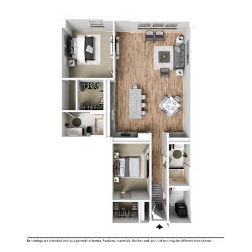 Floor Plan  A floor plan of a small apartment with a kitchen, living room, and bedroom.