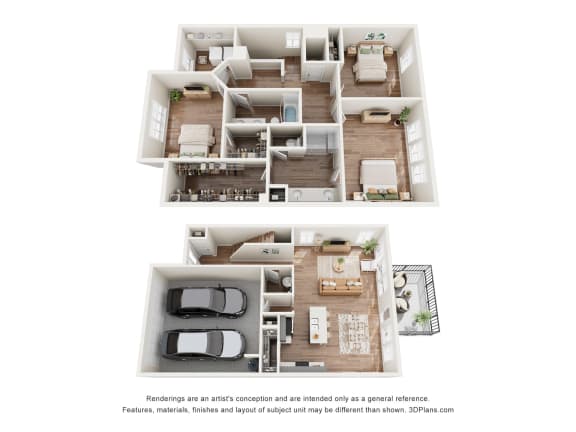 Floor Plan  a stylized 3d floor plan of a house with a bedroom and a kitchen
