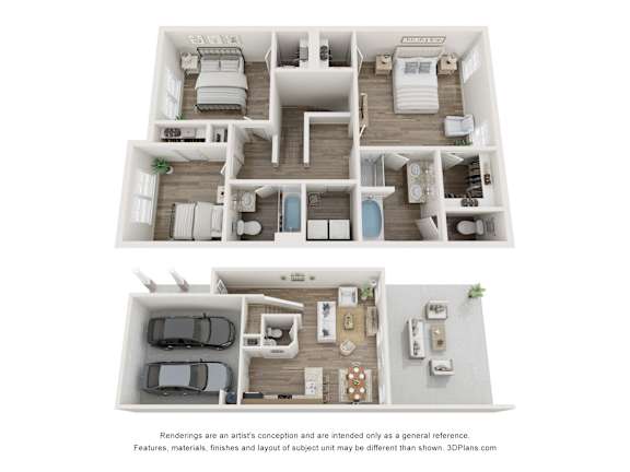 Floor Plan  A 3D floor plan of a house with three bedrooms, a living room, a kitchen, a dining room, a bathroom, and a garage.