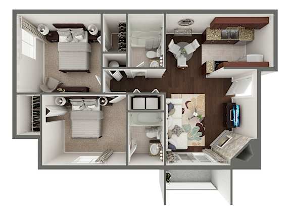 Floor Plan  A top-down view of a house layout with a kitchen, living room, and bedrooms.