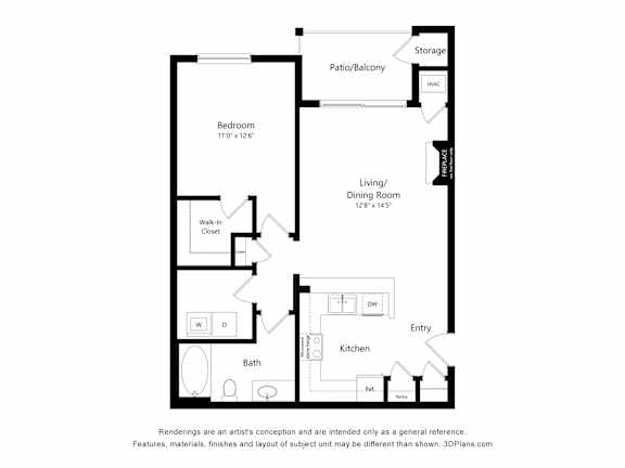 Floor Plan  A floor plan of a small apartment with a bedroom, living room, kitchen, and bathroom.