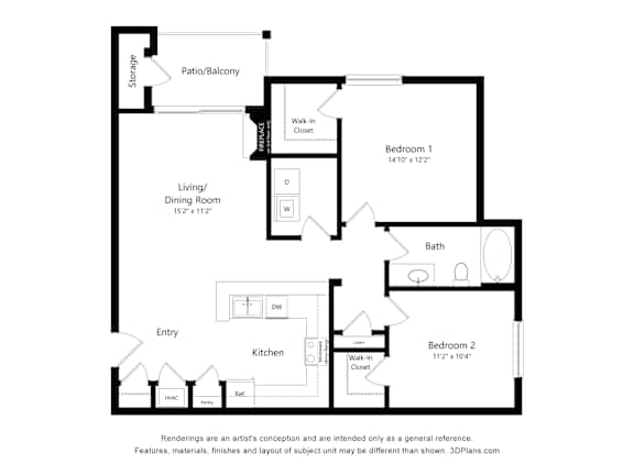 Floor Plan  A floor plan of a two bedroom apartment with a living and dining room.