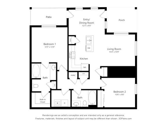 Floor Plan  A floor plan of a house with a living room, two bedrooms, a bathroom, and a porch.