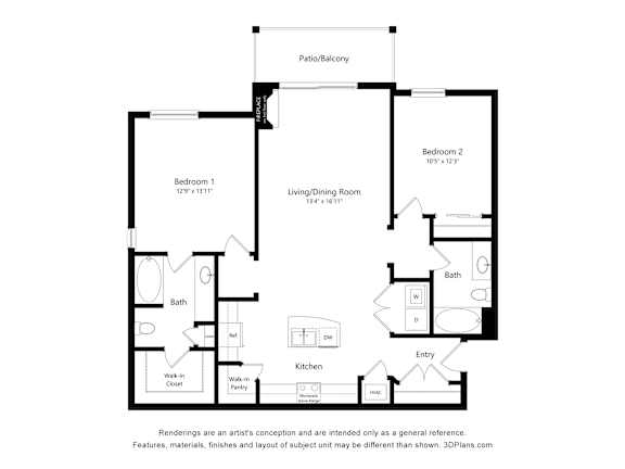 Floor Plan  A floor plan of a two bedroom apartment with a living/dining room and a kitchen.