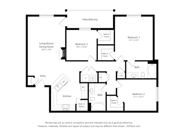 Floor Plan  A floor plan of a house with a living room, dining room, kitchen, and three bedrooms.