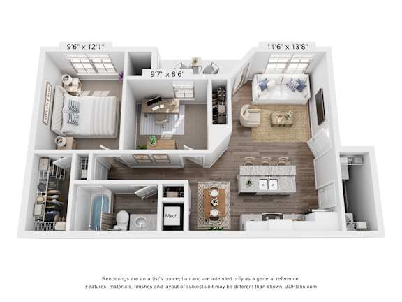 Floor Plan  A floor plan of a two-bedroom apartment with a kitchen, living room, and bathroom.