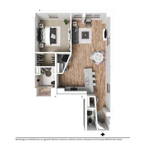 Floor Plan  A floor plan of a two-bedroom apartment with a living room, kitchen, and bathroom.