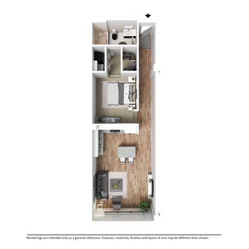 Floor Plan  A floor plan of a small apartment with a kitchen, living room, and bathroom.