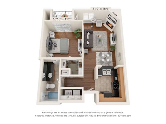 Floor Plan  A 3D floor plan of a small apartment with a kitchen, living room, and bedroom.