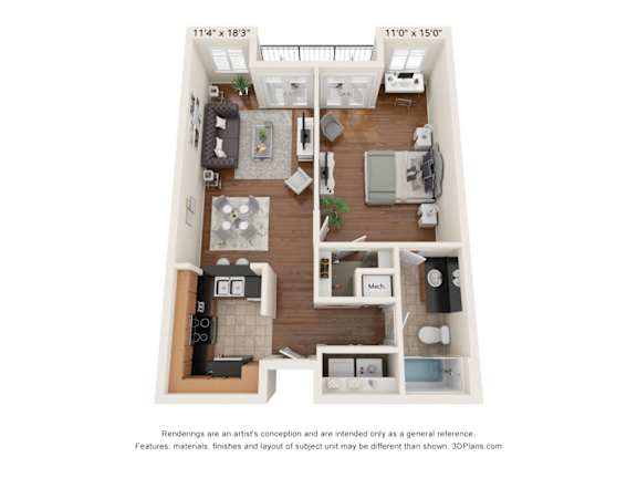 Floor Plan  A floor plan of a small apartment with a kitchen, living room, and bedroom.