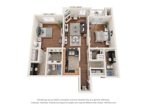 Floor Plan  A 3D floor plan of a house with a kitchen, living room, and two bedrooms.