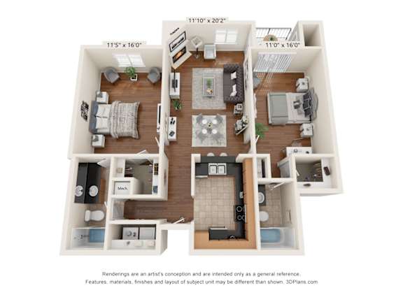 Floor Plan  A 3D floor plan of a house with a living room, kitchen, and two bedrooms.