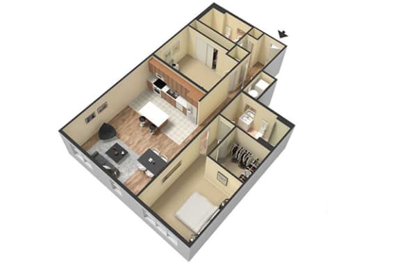 Floor Plan  illustration of the first floor of a two bedroom apartment