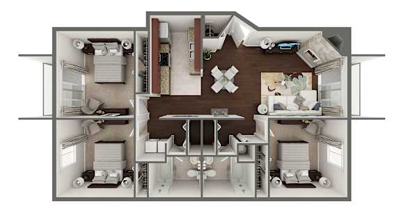 Floor Plan  A top down view of a house layout with a kitchen, living room, and two bedrooms.