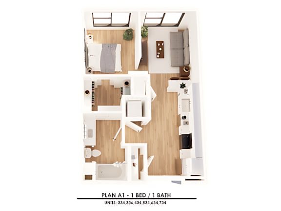 Floor Plan  A floor plan of a one bedroom apartment with one bathroom.