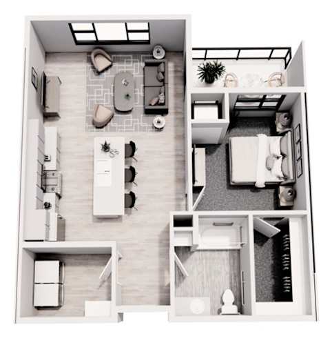 Floor Plan  A black and white image of a floor plan of a small apartment.