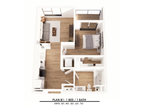 Floor Plan  A floor plan of a one bedroom apartment with one bathroom.