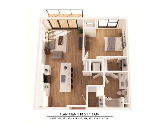 Floor Plan  A floor plan of a 1 bedroom apartment with 1 bathroom.