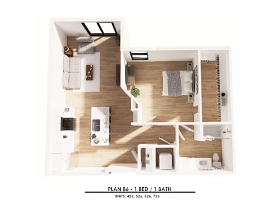 Floor Plan  A floor plan of a one bedroom apartment with one bathroom.
