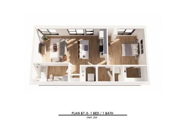 Floor Plan  A floor plan of a 1 bedroom apartment with 1 bathroom.
