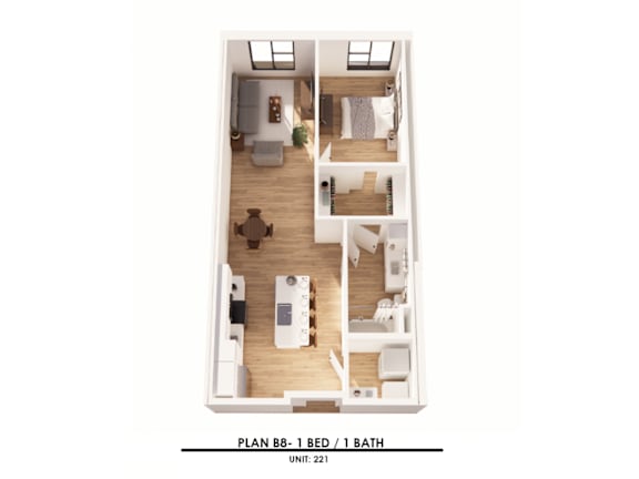 Floor Plan  A floor plan of a 1 bedroom apartment with 1 bathroom.