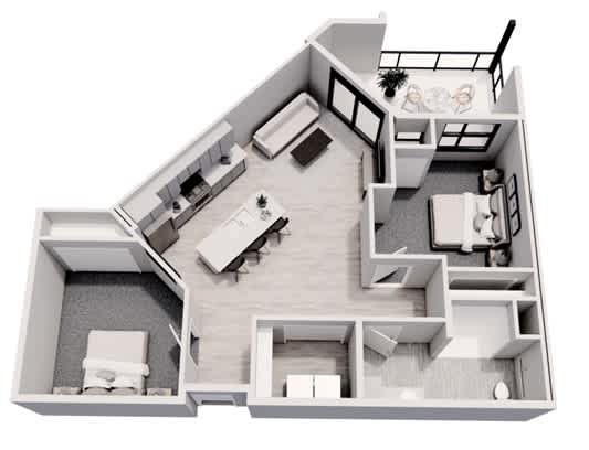 Floor Plan  A 3D floor plan of a house with a kitchen, living room, and bathroom.