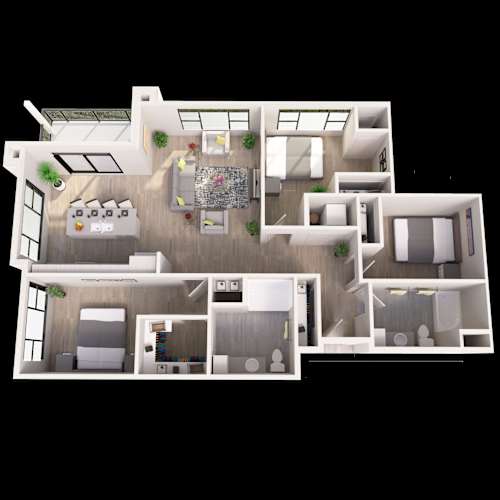 Floor Plan  A 3D floor plan of a house with multiple rooms and furniture.