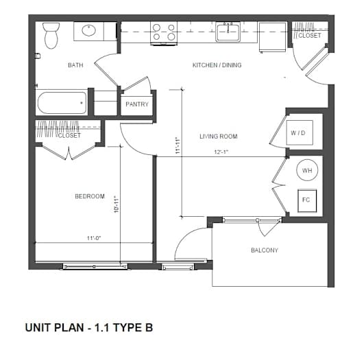 Floor Plan  A black and white image of a floor plan for a 1-1 type B unit.