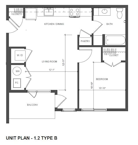Floor Plan  A black and white image of a floor plan for a 1.2 type B unit.