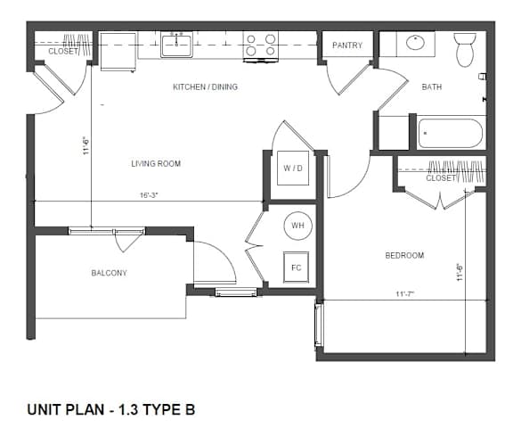 Floor Plan  A black and white image of a floor plan for a 1-bedroom apartment.
