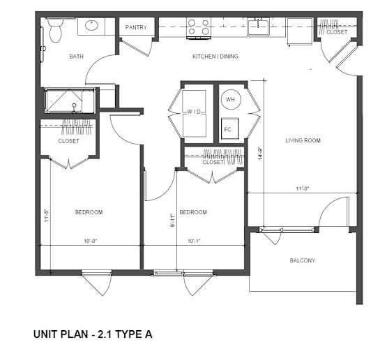Floor Plan  A black and white image of a floor plan for a 2-1 type A unit.