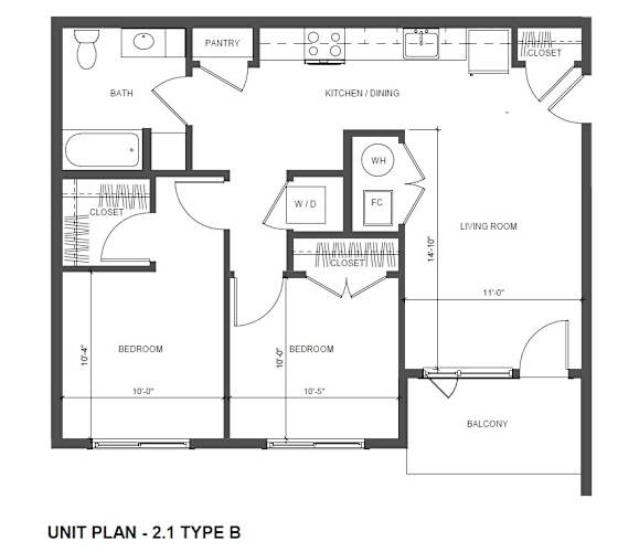 Floor Plan  A black and white image of a floor plan for a 2.1 type B unit.